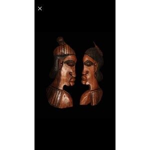 VINTAGE TRIBAL WOOD HAND CARVED PAIR Female & Male in Profile Wall Art